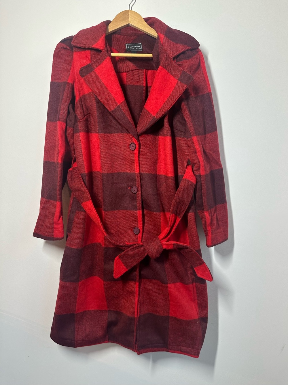 G by Giuliana Black Label Red Buffalo Plaid Belted Coat Size Small, NEW